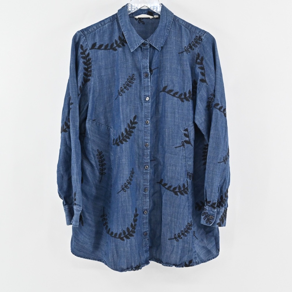 SOFT SURROUNDINGS Embroidered Top‎ Womens Size L Blouse Papyrus Blue Chambray